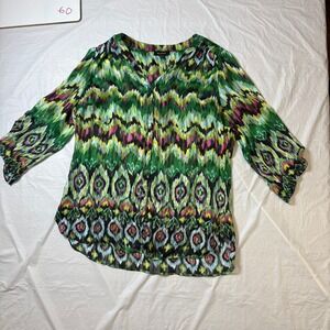 GLANCE Women's Size L Green Ikat Print V Neck 3/4 Sleeve‎ Sheer Tunic Top